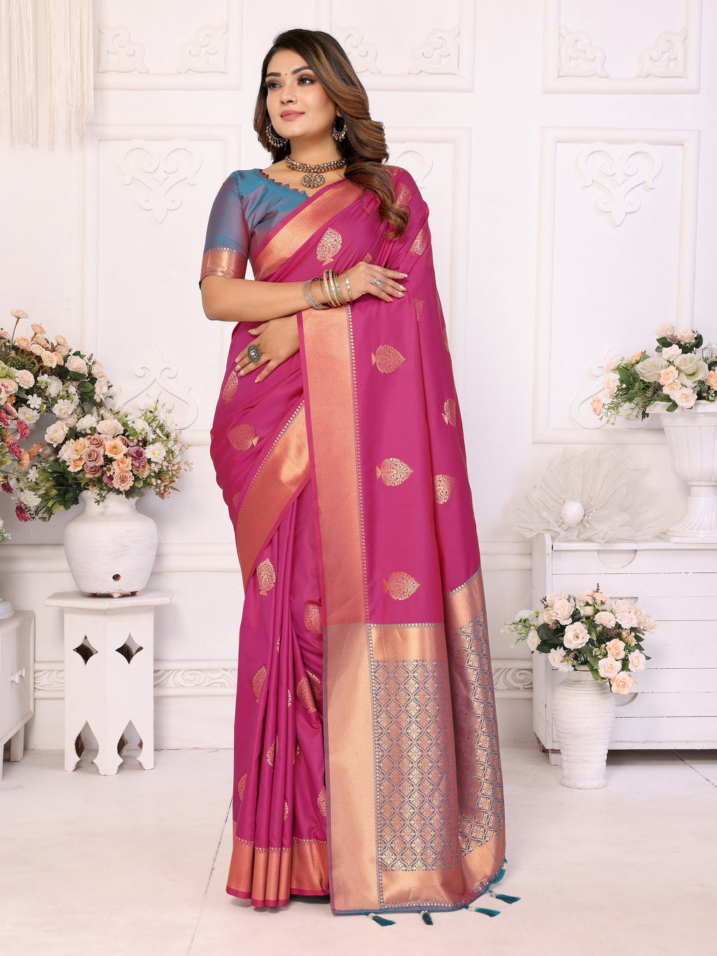 Vedant Vastram Soft Litchi Silk Banarasi Silk Saree - Pink | Grocsy