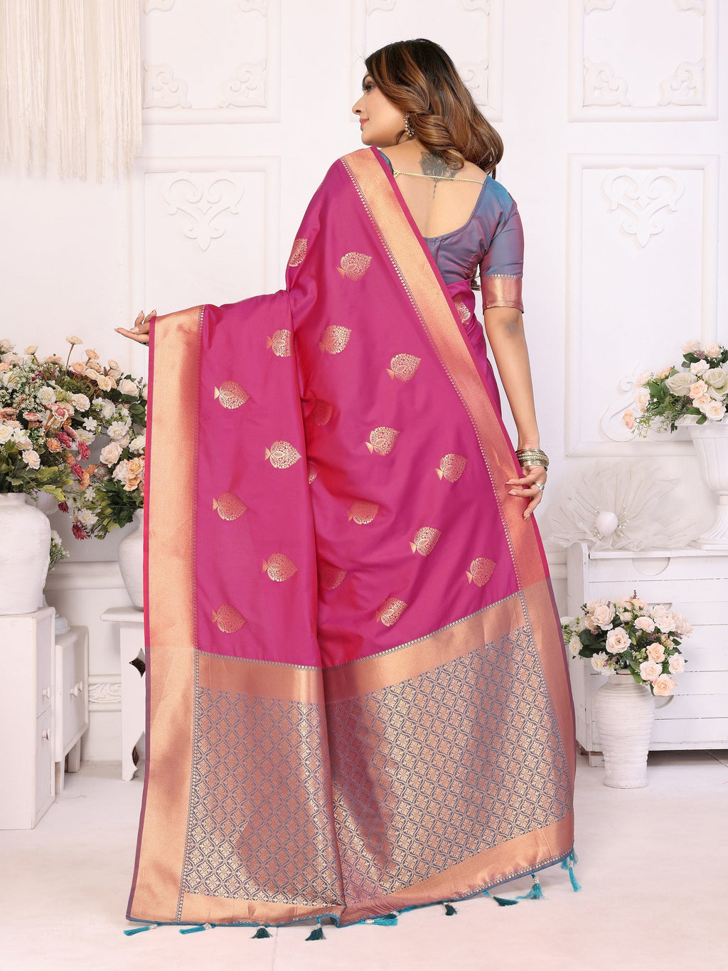 Vedant Vastram Soft Litchi Silk Banarasi Silk Saree - Pink | Grocsy