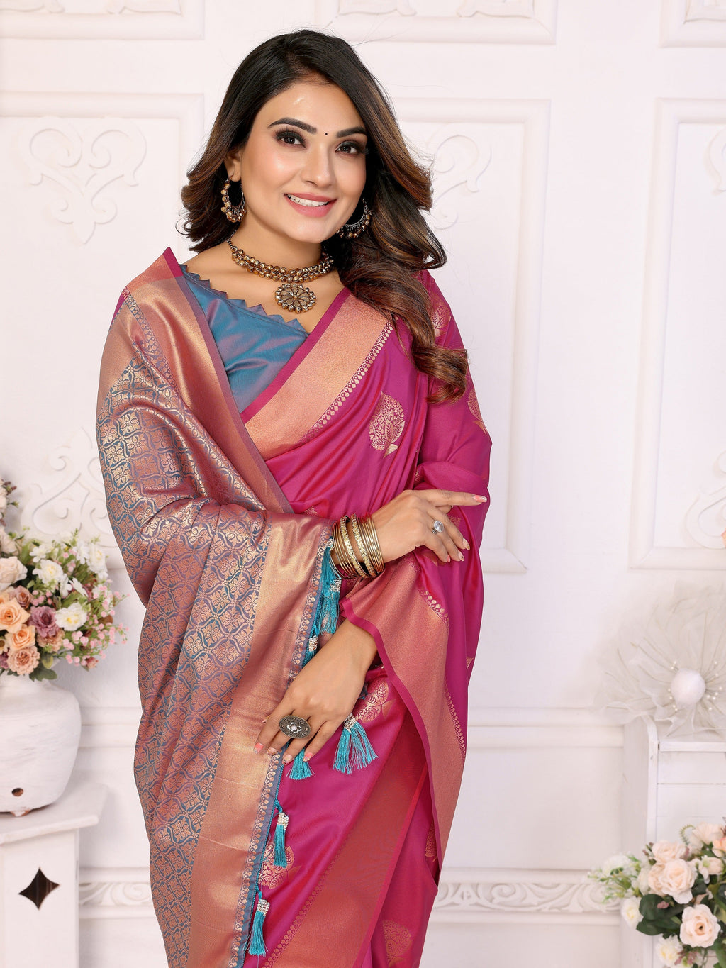 Vedant Vastram Soft Litchi Silk Banarasi Silk Saree - Pink | Grocsy