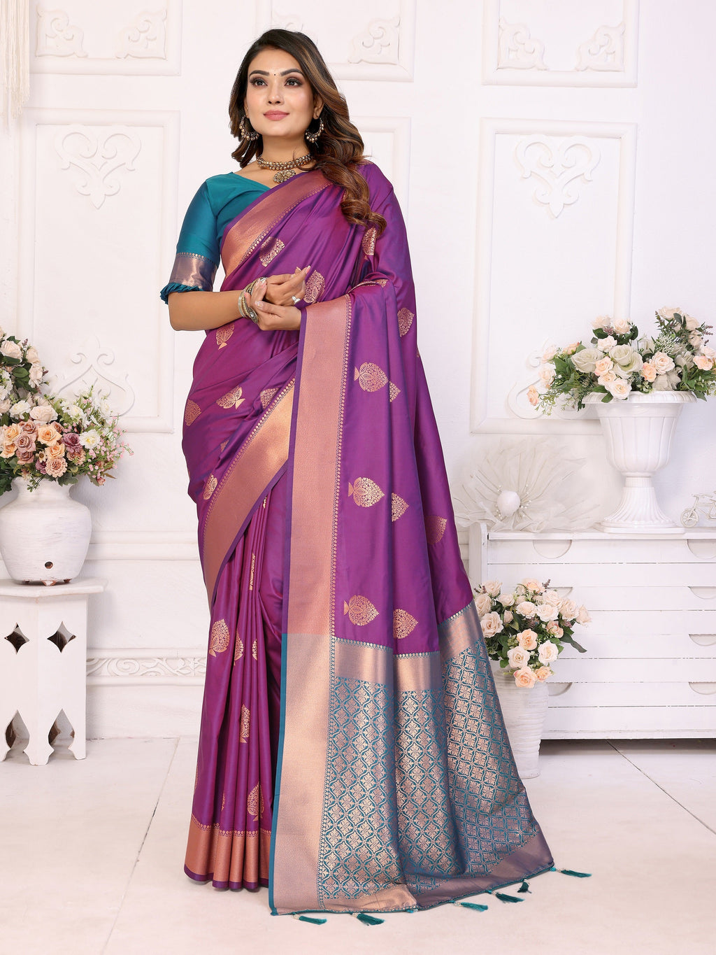 Vedant Vastram Soft Litchi Silk Banarasi Silk Saree - Purple | Grocsy