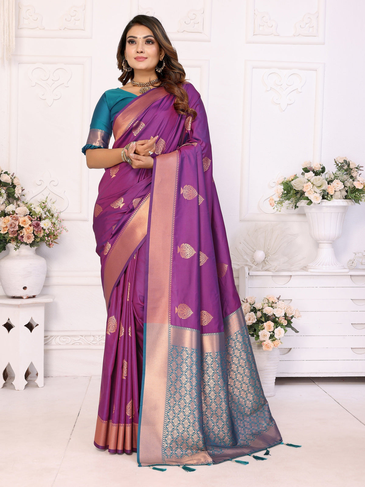 Vedant Vastram Soft Litchi Silk Banarasi Silk Saree - Purple | Grocsy