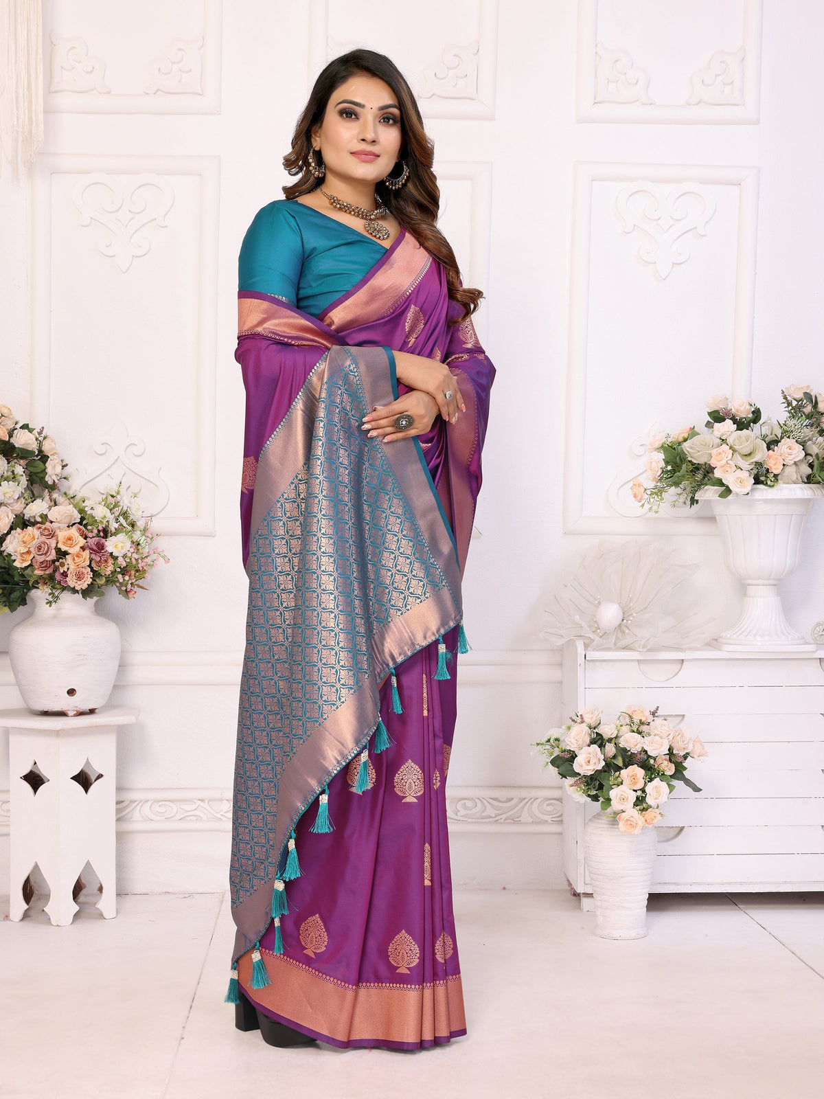 Vedant Vastram Soft Litchi Silk Banarasi Silk Saree - Purple | Grocsy