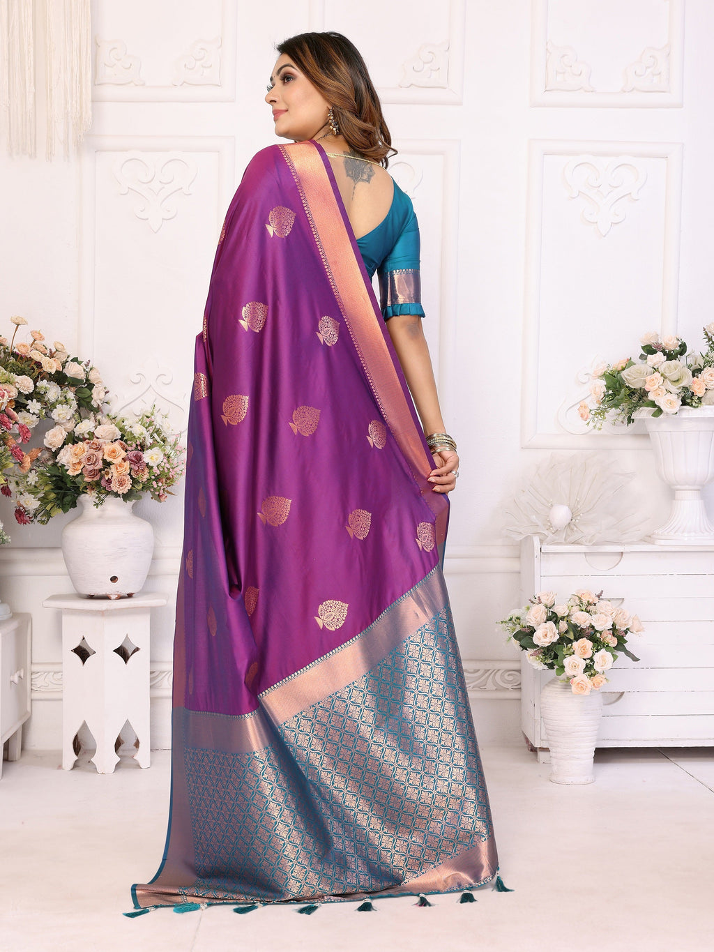 Vedant Vastram Soft Litchi Silk Banarasi Silk Saree - Purple | Grocsy