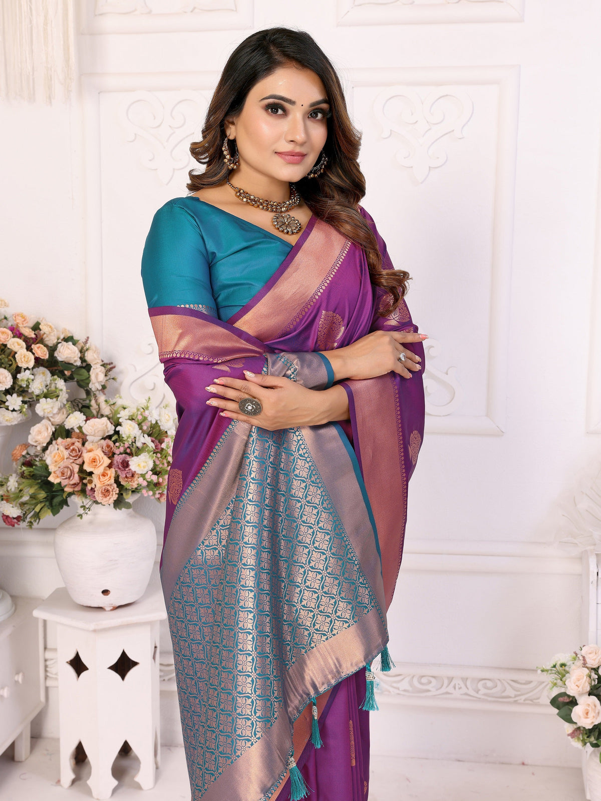 Vedant Vastram Soft Litchi Silk Banarasi Silk Saree - Purple | Grocsy