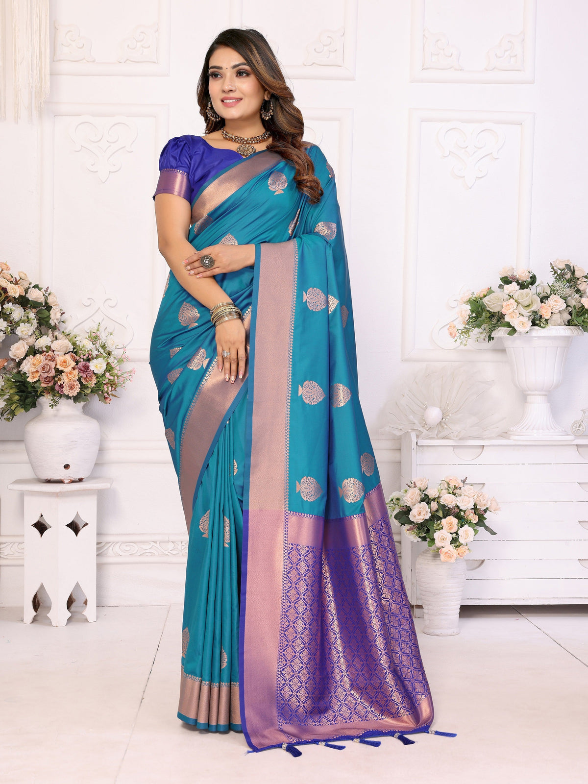 Vedant Vastram Soft Litchi Silk Banarasi Silk Saree - Rama | Grocsy