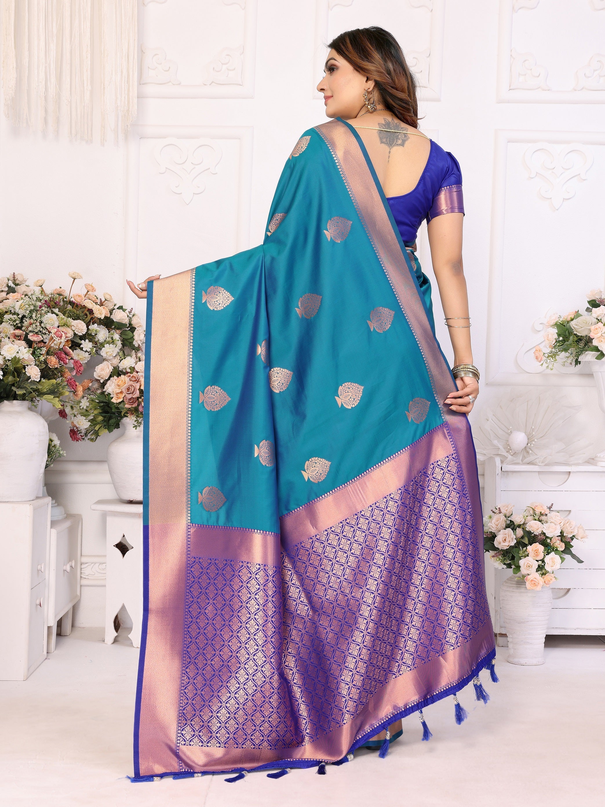 Vedant Vastram Soft Litchi Silk Banarasi Silk Saree - Rama | Grocsy