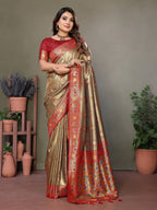 Vedant Vastram Tissue Silk Leheriya Design Kanjeevaram Silk Saree - Beige | Grocsy