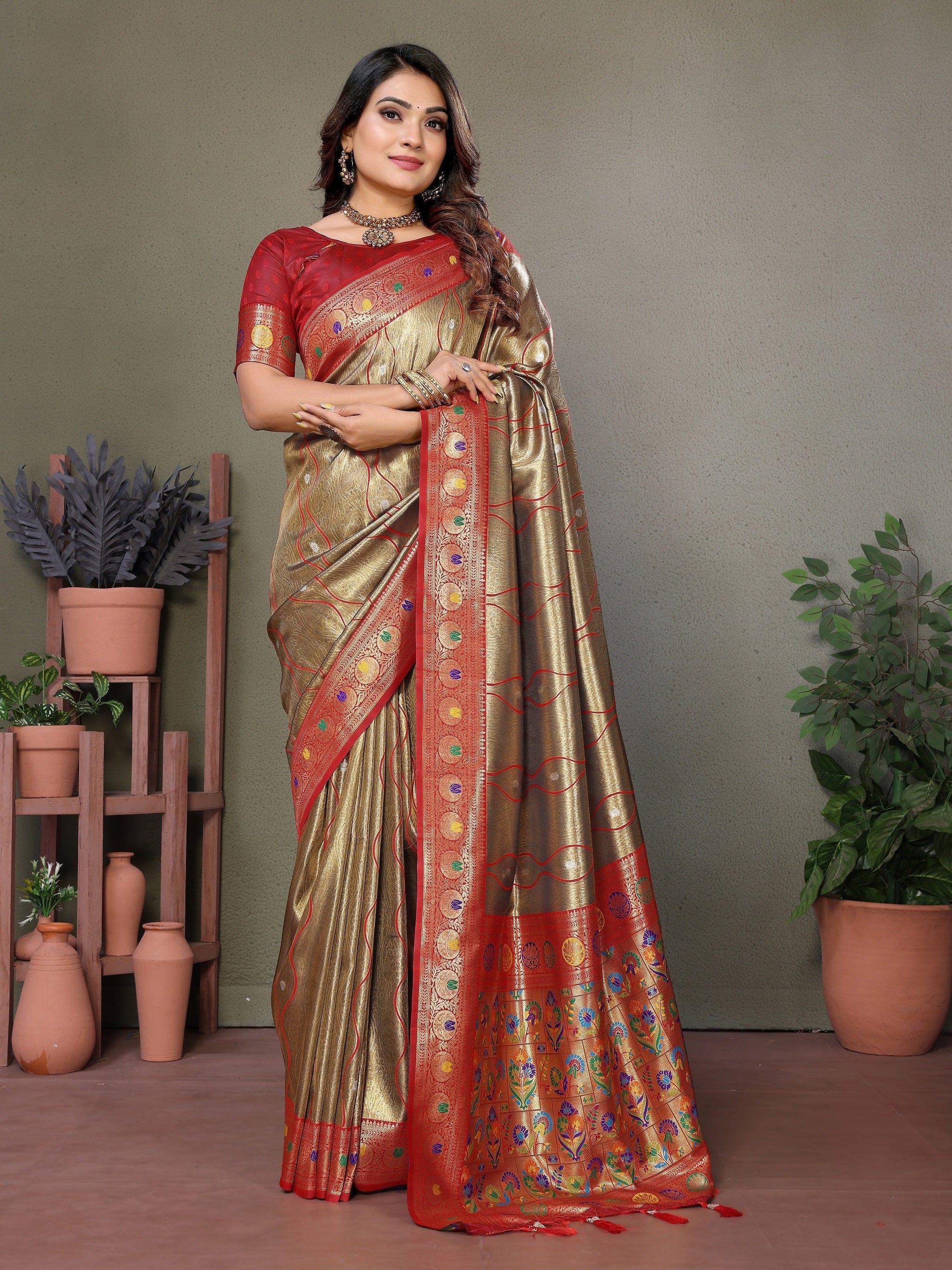 Vedant Vastram Tissue Silk Leheriya Design Kanjeevaram Silk Saree - Beige | Grocsy
