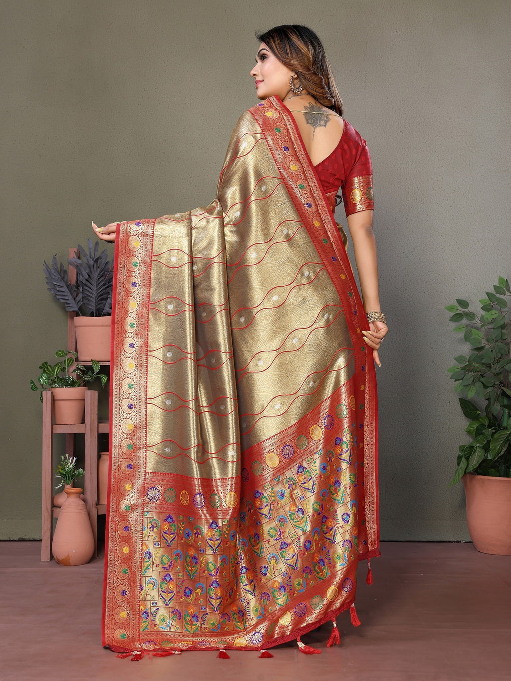 Vedant Vastram Tissue Silk Leheriya Design Kanjeevaram Silk Saree - Beige | Grocsy