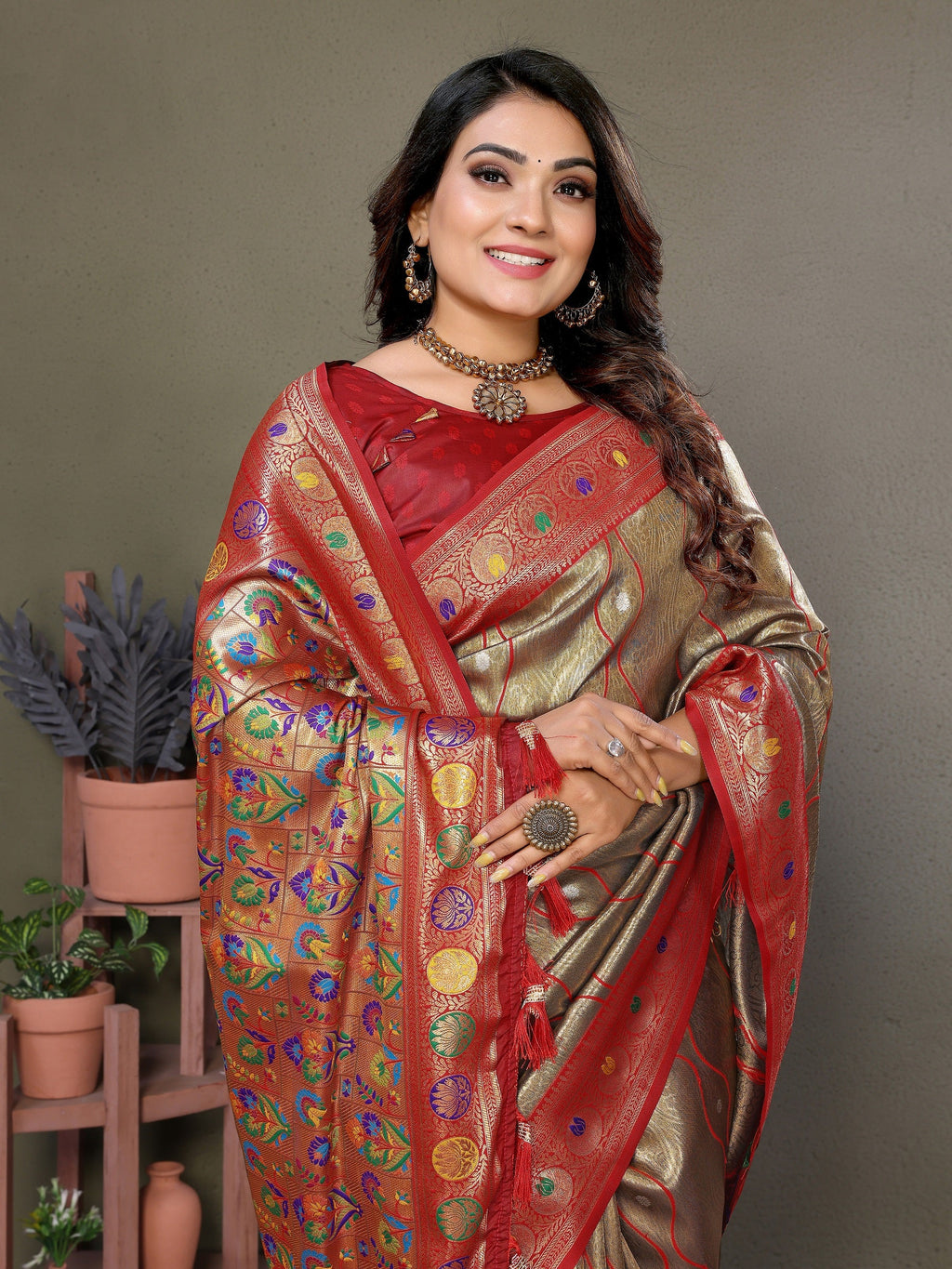 Vedant Vastram Tissue Silk Leheriya Design Kanjeevaram Silk Saree - Beige | Grocsy