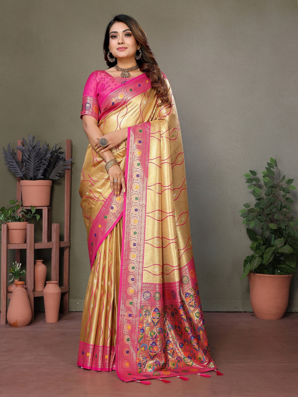 Vedant Vastram Tissue Silk Leheriya Design Kanjeevaram Silk Saree - Gold | Grocsy