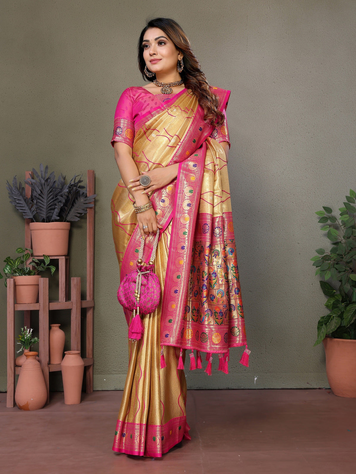 Vedant Vastram Tissue Silk Leheriya Design Kanjeevaram Silk Saree - Gold | Grocsy