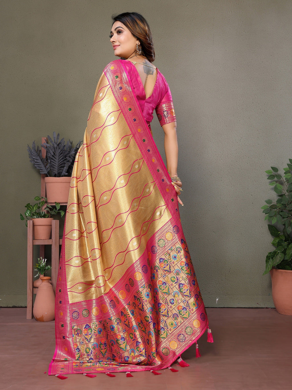 Vedant Vastram Tissue Silk Leheriya Design Kanjeevaram Silk Saree - Gold | Grocsy