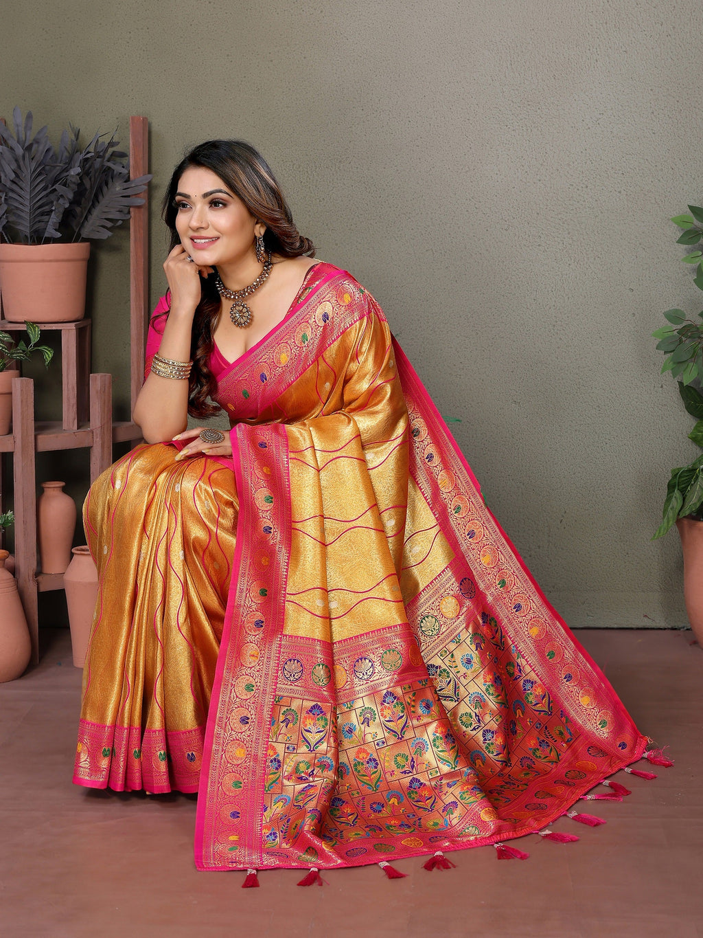 Vedant Vastram Tissue Silk Leheriya Design Kanjeevaram Silk Saree - Mustard | Grocsy