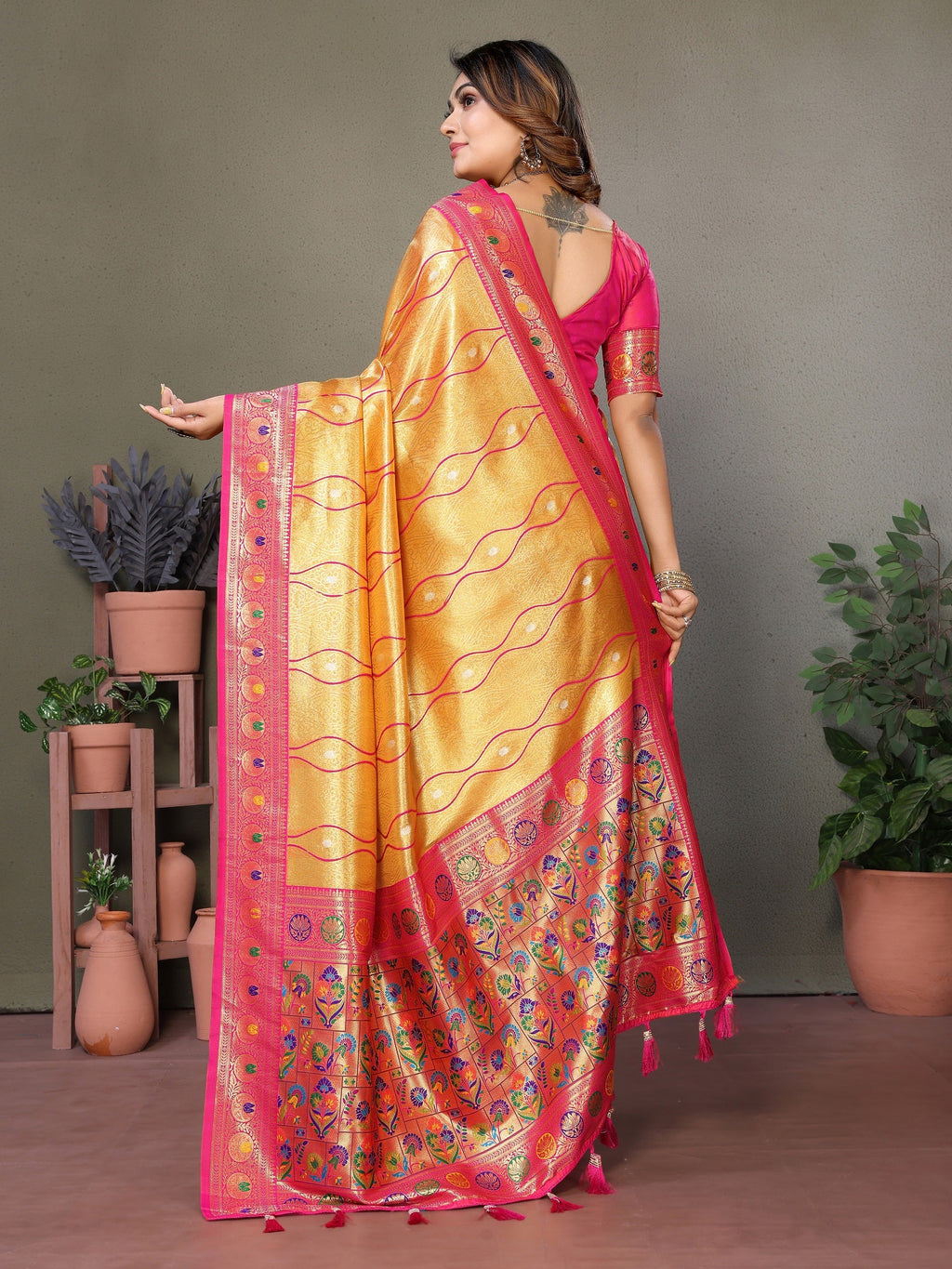 Vedant Vastram Tissue Silk Leheriya Design Kanjeevaram Silk Saree - Mustard | Grocsy