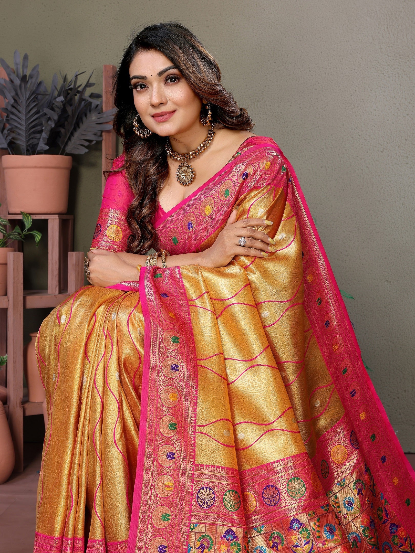 Vedant Vastram Tissue Silk Leheriya Design Kanjeevaram Silk Saree - Mustard | Grocsy