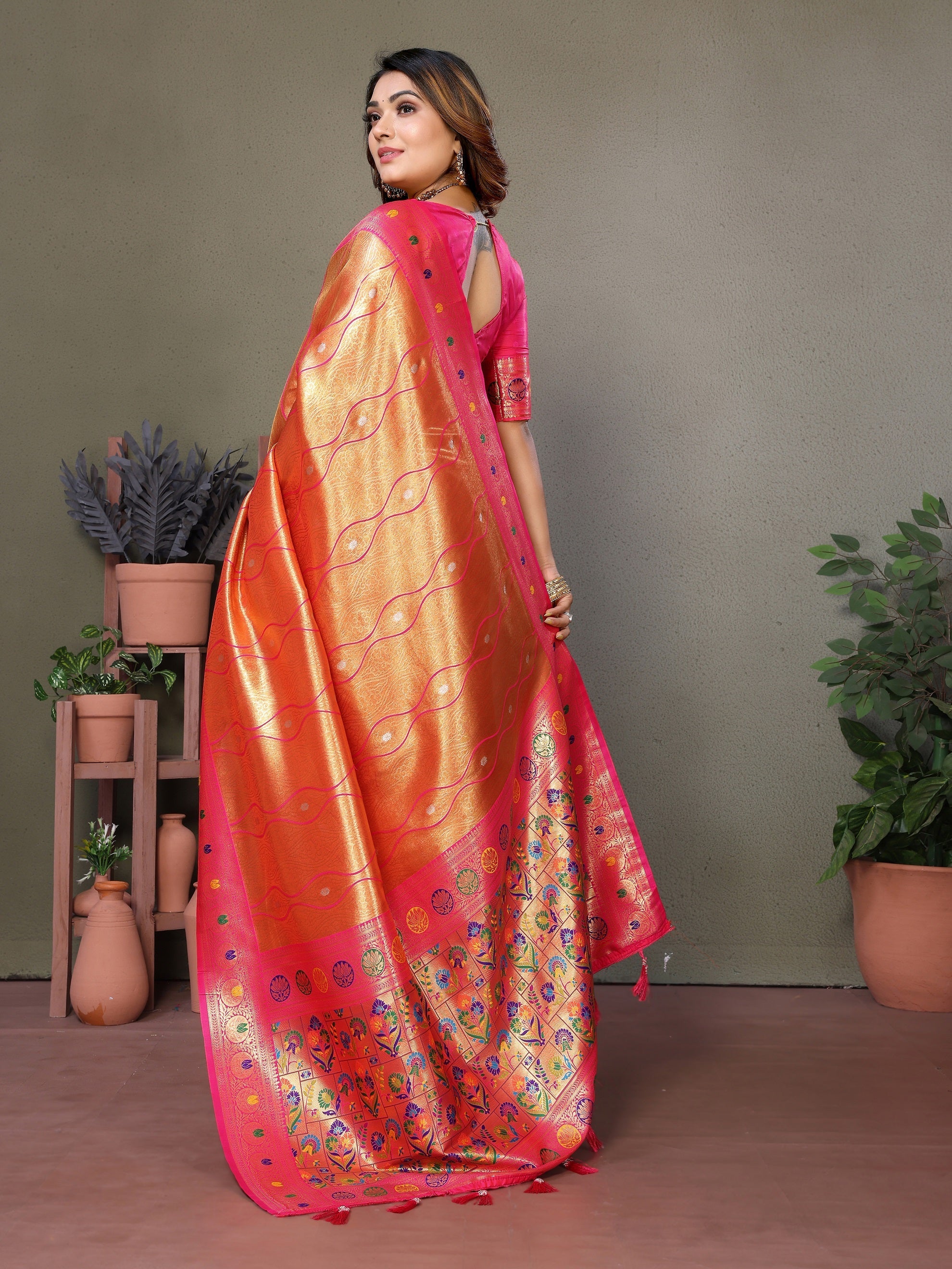 Vedant Vastram Tissue Silk Leheriya Design Kanjeevaram Silk Saree - Orange | Grocsy