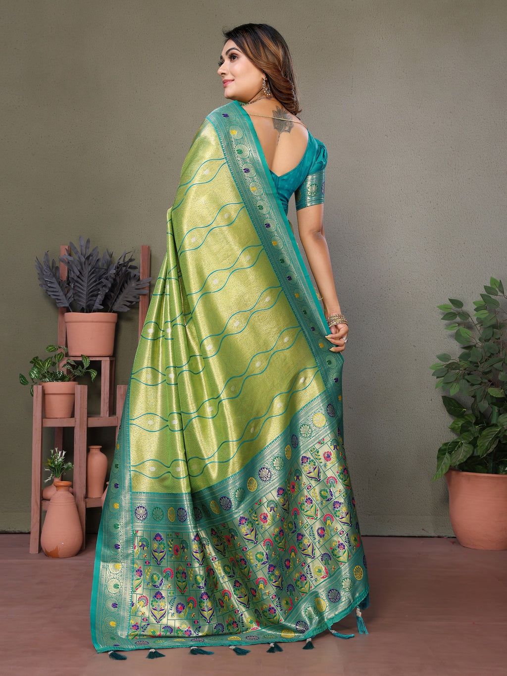 Vedant Vastram Tissue Silk Leheriya Design Kanjeevaram Silk Saree - Parrot | Grocsy