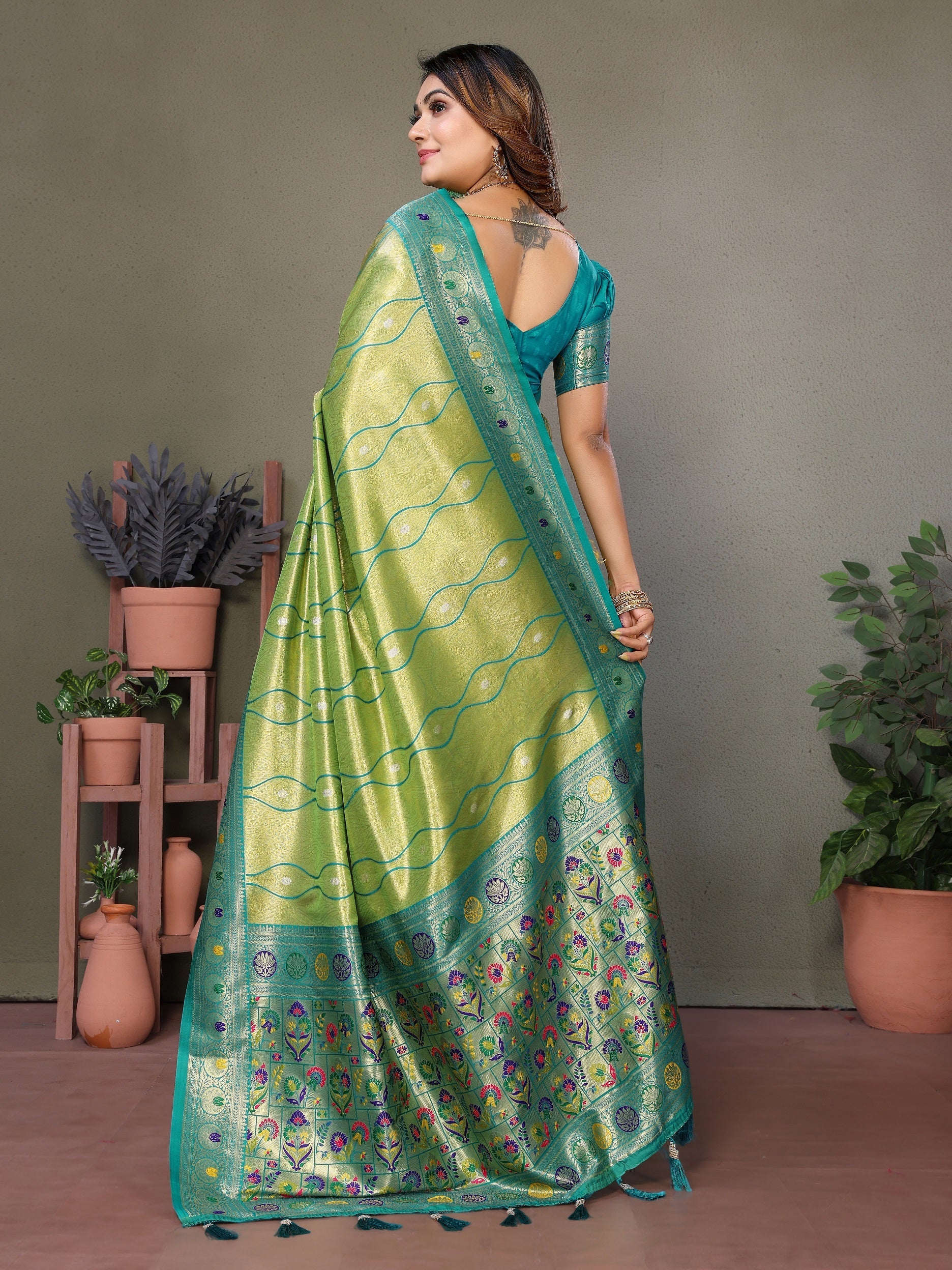 Vedant Vastram Tissue Silk Leheriya Design Kanjeevaram Silk Saree - Parrot | Grocsy