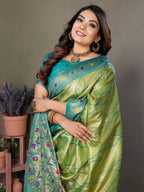 Vedant Vastram Tissue Silk Leheriya Design Kanjeevaram Silk Saree - Parrot | Grocsy