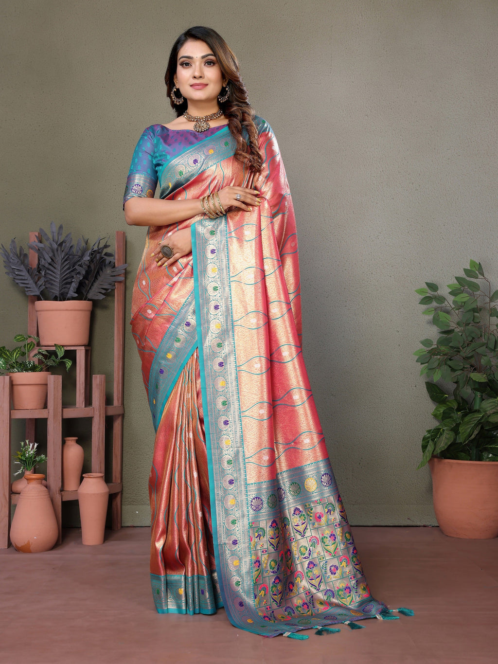 Vedant Vastram Tissue Silk Leheriya Design Kanjeevaram Silk Saree - Peach | Grocsy