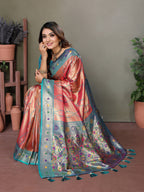 Vedant Vastram Tissue Silk Leheriya Design Kanjeevaram Silk Saree - Peach | Grocsy