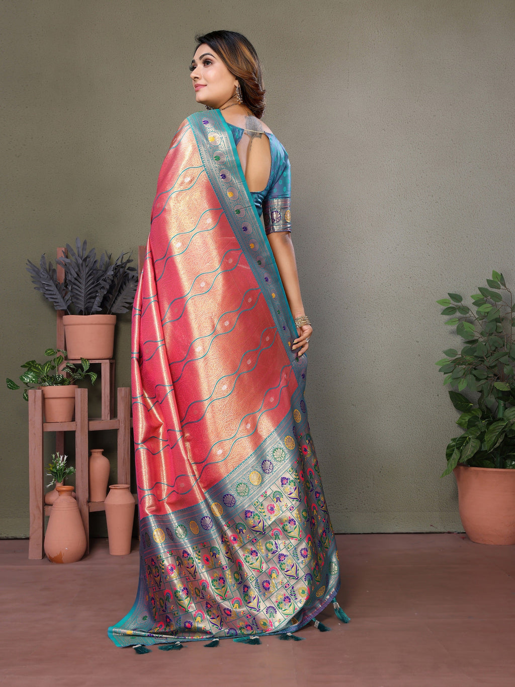 Vedant Vastram Tissue Silk Leheriya Design Kanjeevaram Silk Saree - Peach | Grocsy