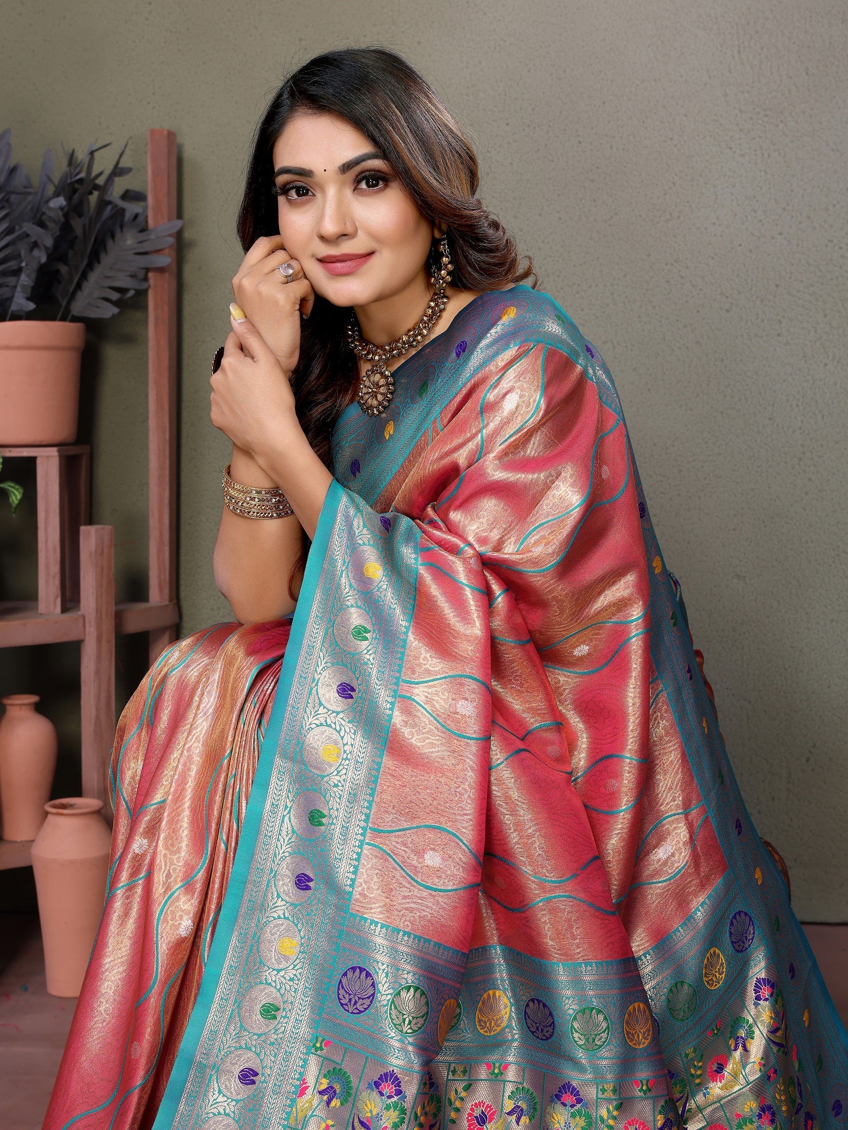 Vedant Vastram Tissue Silk Leheriya Design Kanjeevaram Silk Saree - Peach | Grocsy
