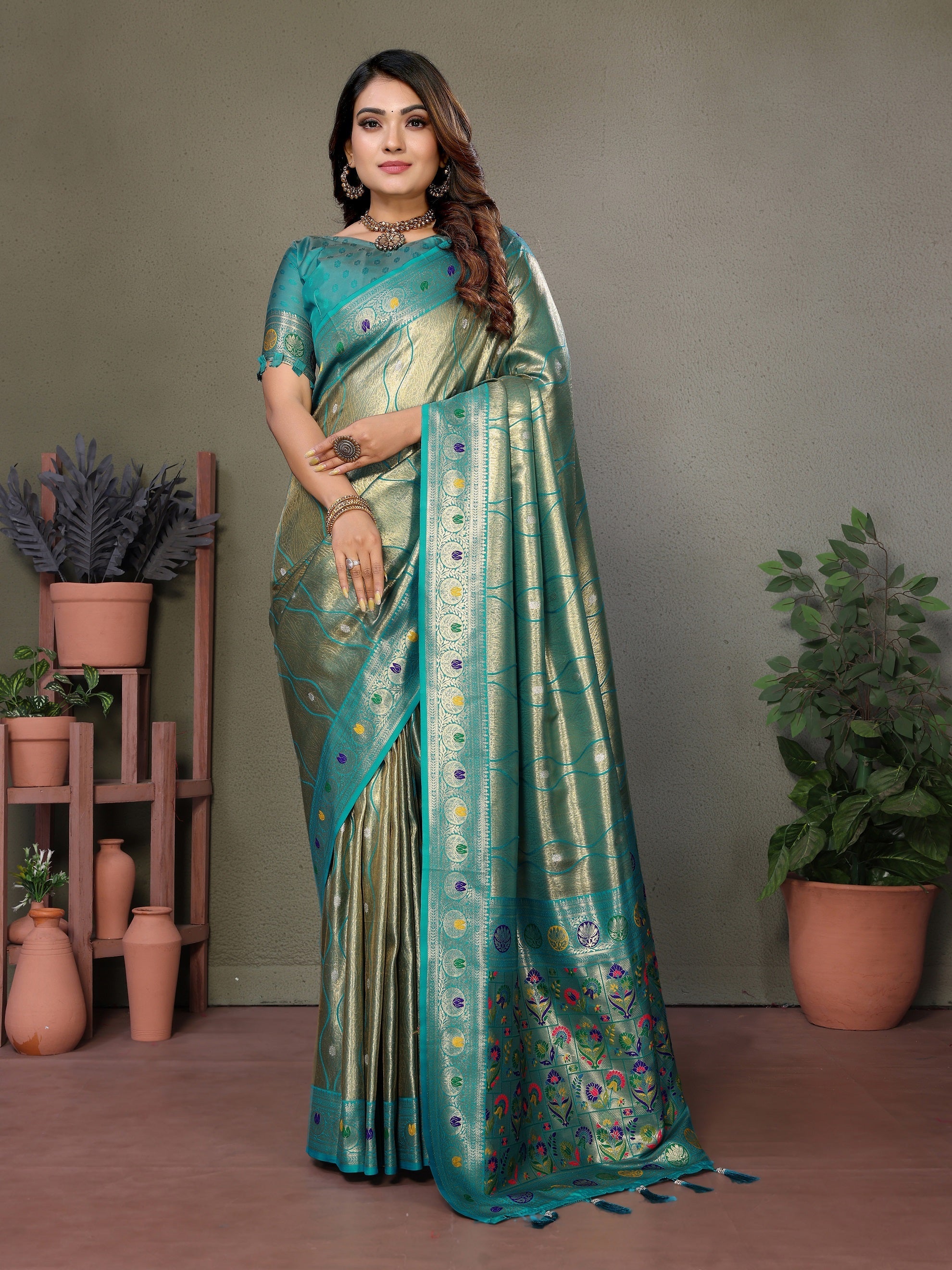 Vedant Vastram Tissue Silk Leheriya Design Kanjeevaram Silk Saree - Rama | Grocsy