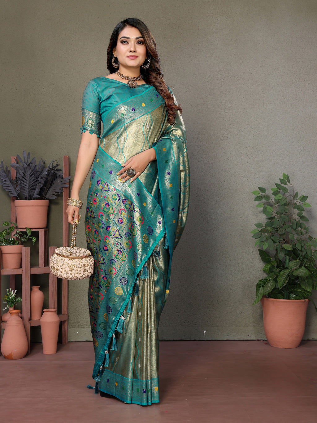 Vedant Vastram Tissue Silk Leheriya Design Kanjeevaram Silk Saree - Rama | Grocsy
