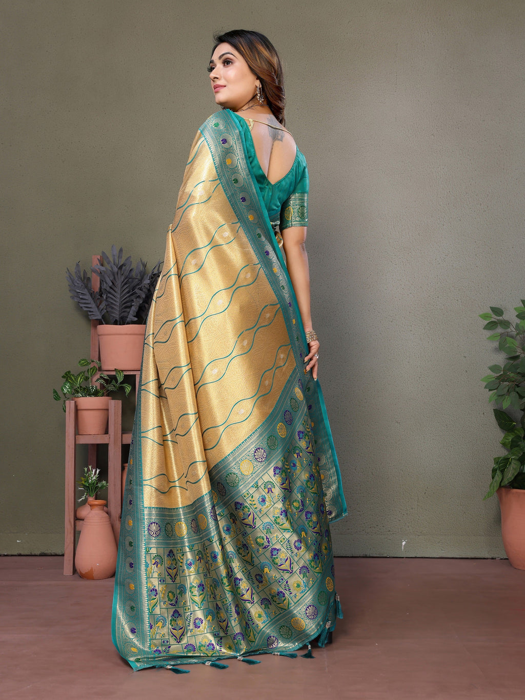 Vedant Vastram Tissue Silk Leheriya Design Kanjeevaram Silk Saree - Yellow | Grocsy