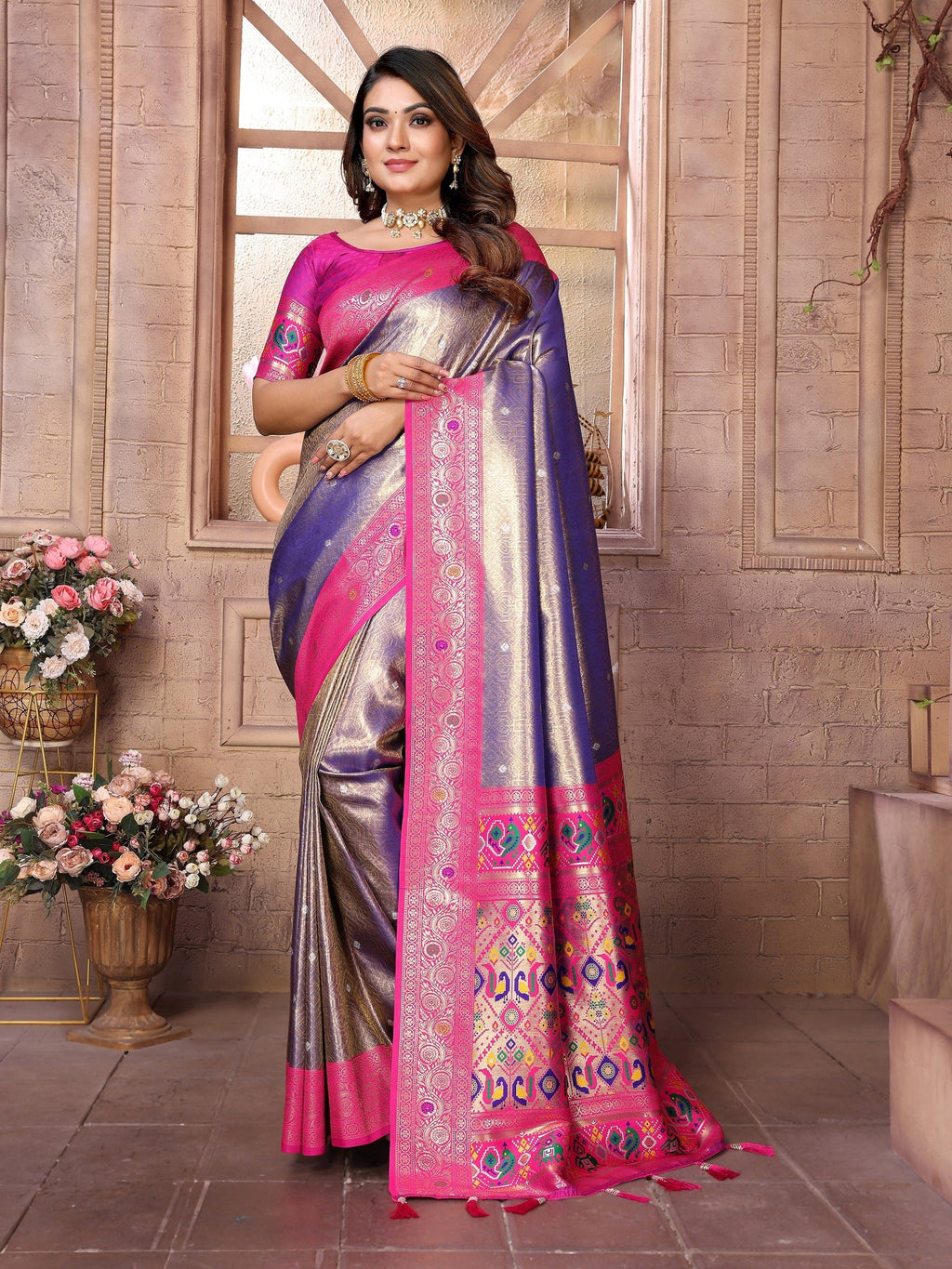 Vedant Vastram Tissue Silk Paithani Silk Saree - Blue | Grocsy