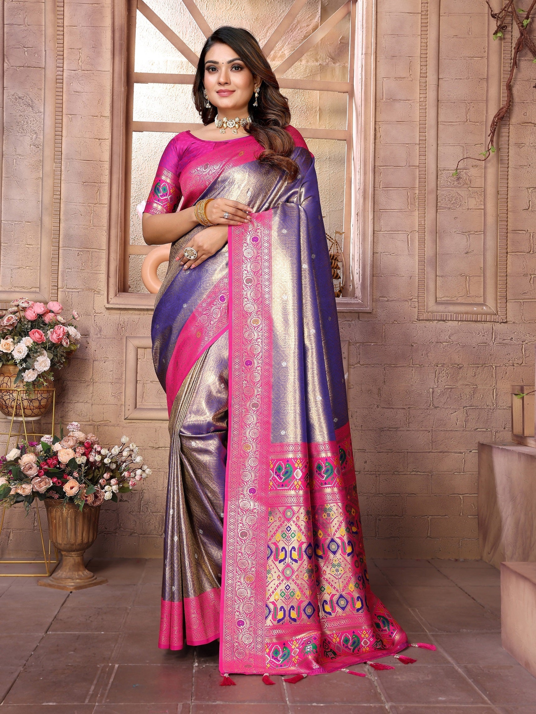 Vedant Vastram Tissue Silk Paithani Silk Saree - Blue | Grocsy