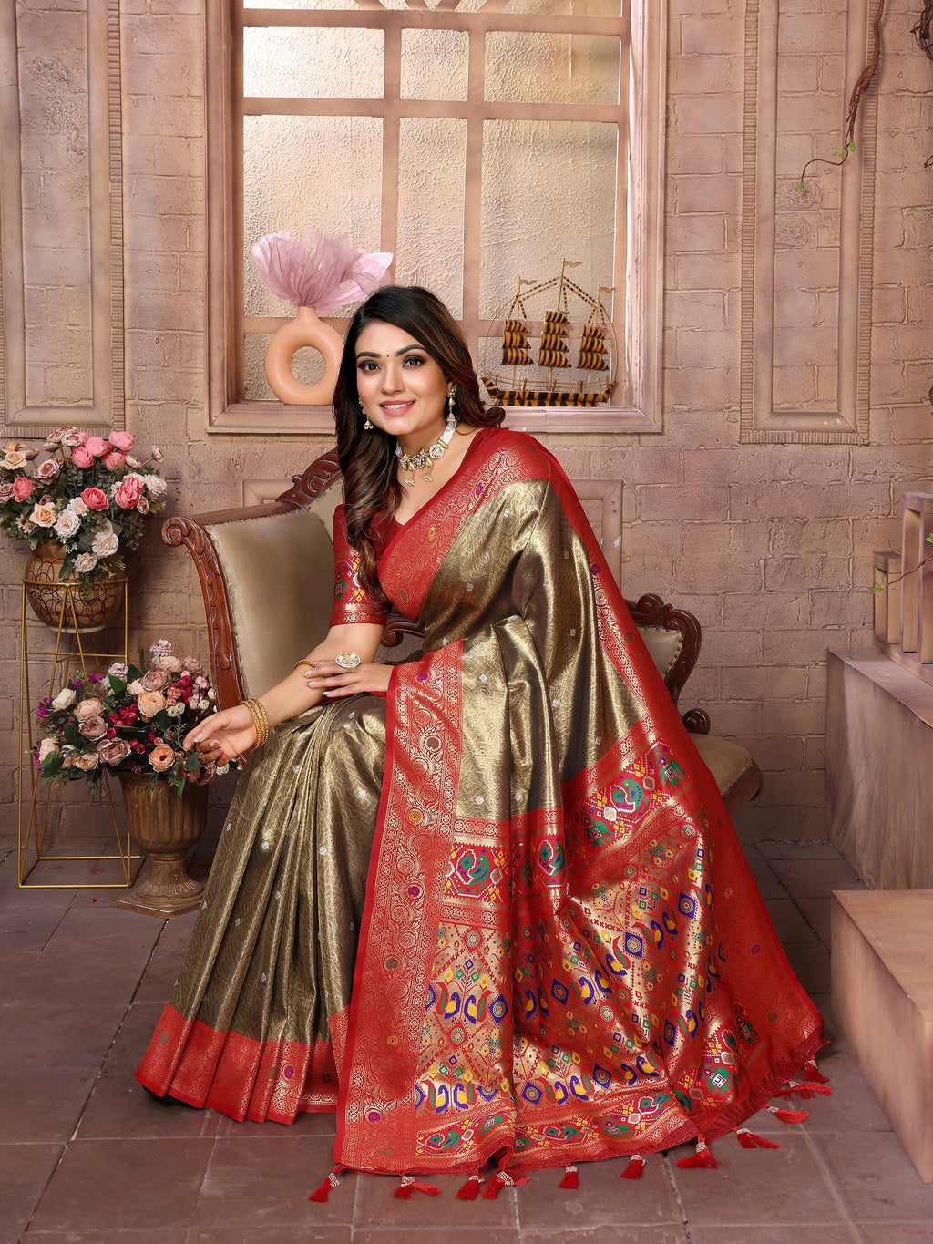 Vedant Vastram Tissue Silk Paithani Silk Saree - Gold | Grocsy