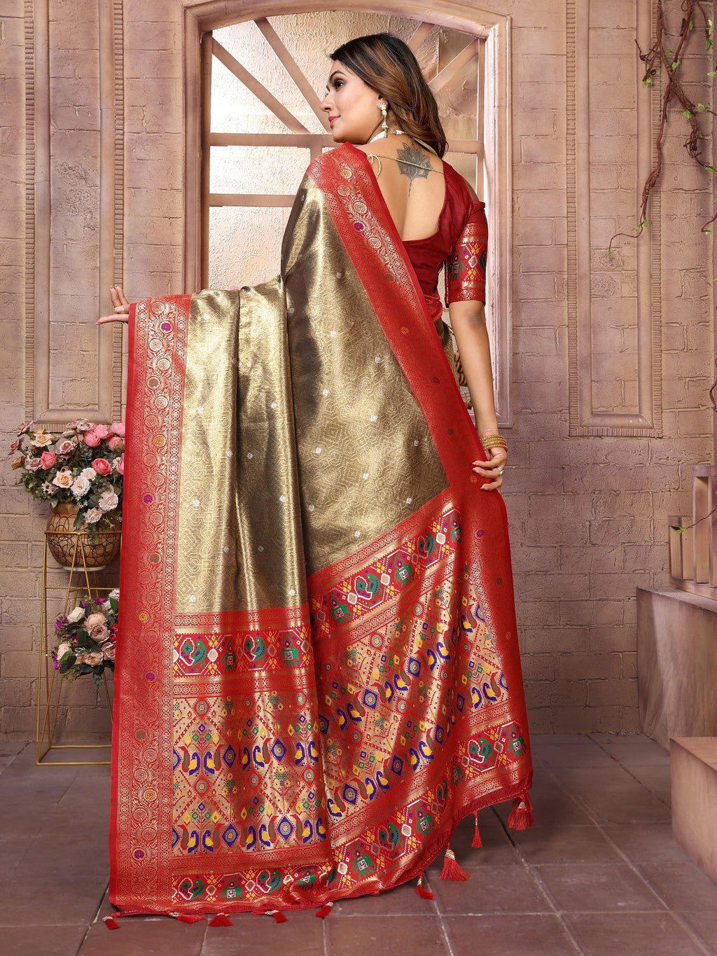 Vedant Vastram Tissue Silk Paithani Silk Saree - Gold | Grocsy