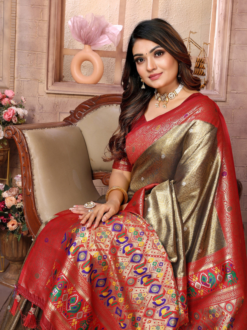 Vedant Vastram Tissue Silk Paithani Silk Saree - Gold | Grocsy