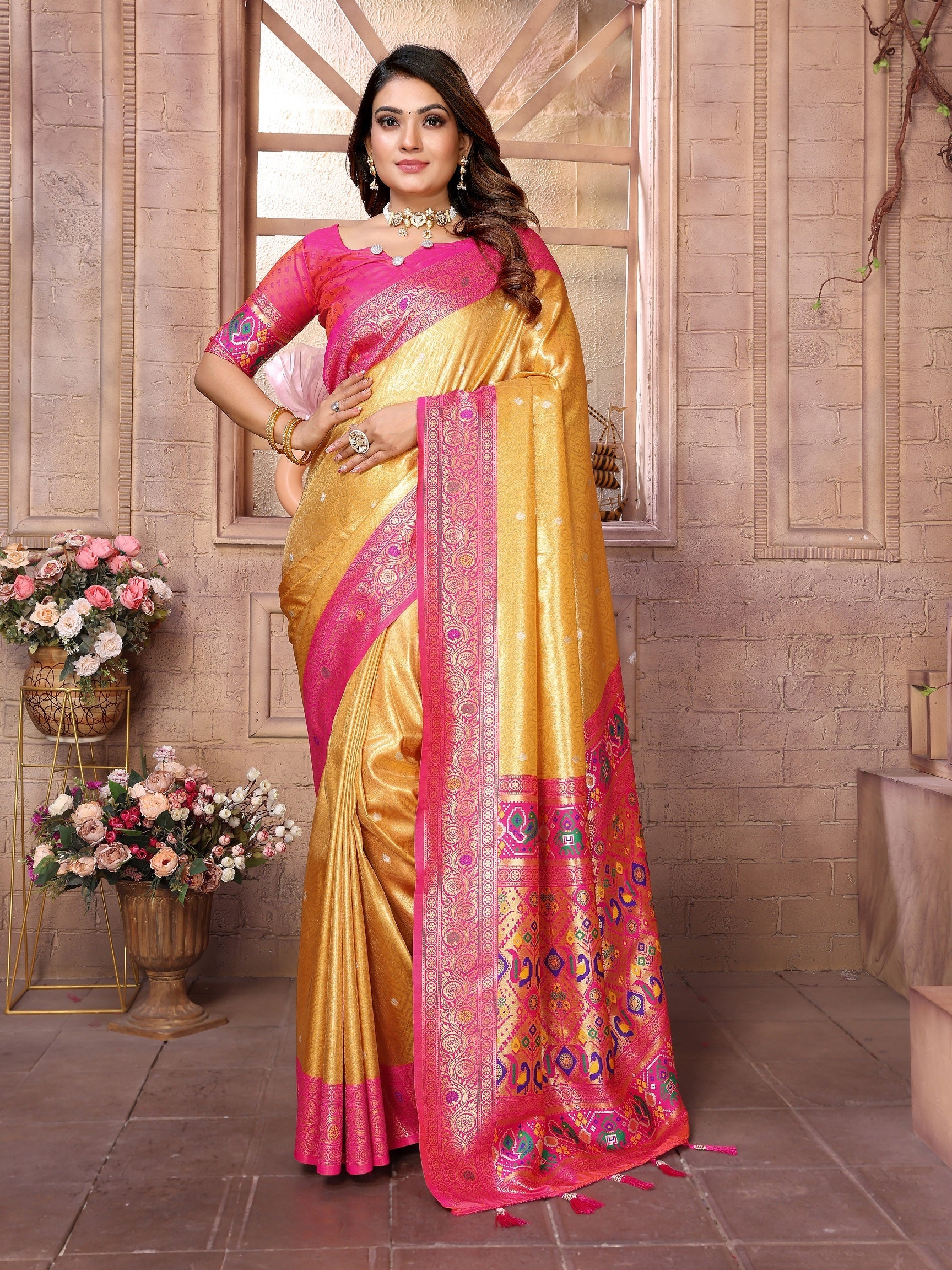 Vedant Vastram Tissue Silk Paithani Silk Saree - Mustard | Grocsy