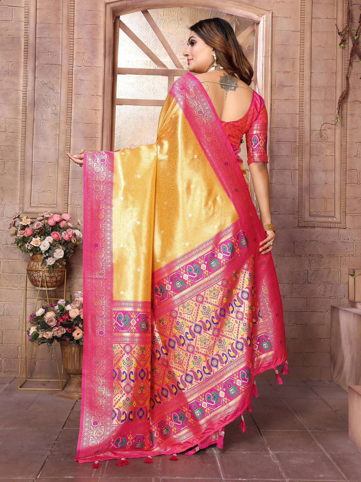 Vedant Vastram Tissue Silk Paithani Silk Saree - Mustard | Grocsy