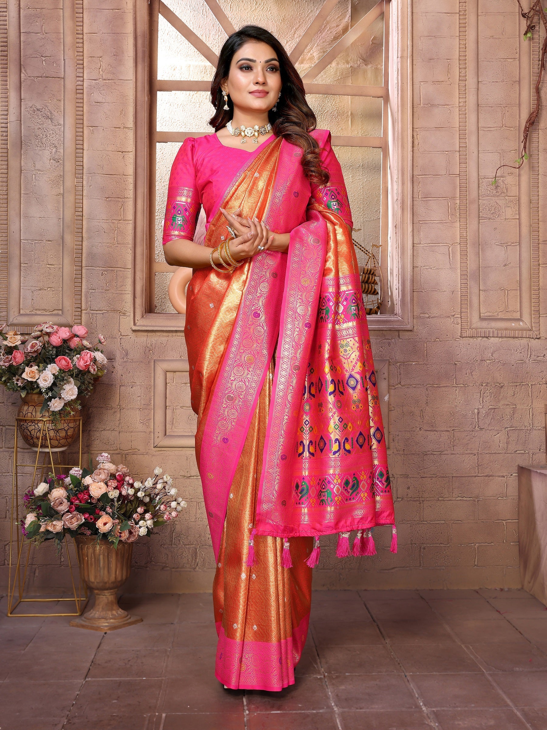 Vedant Vastram Tissue Silk Paithani Silk Saree - Orange | Grocsy