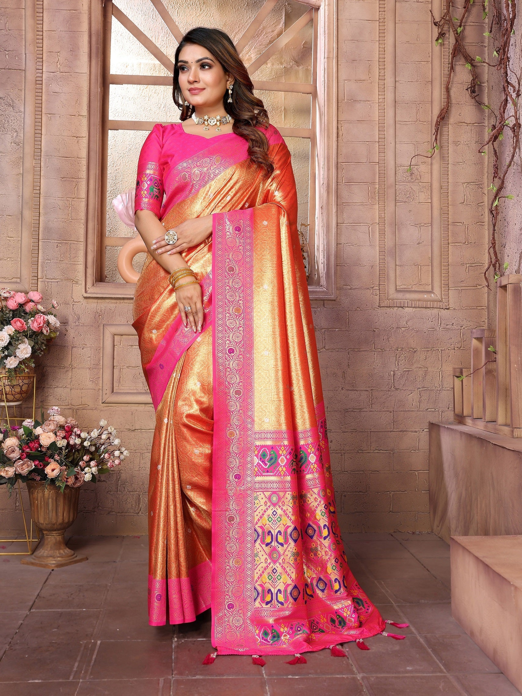 Vedant Vastram Tissue Silk Paithani Silk Saree - Orange | Grocsy