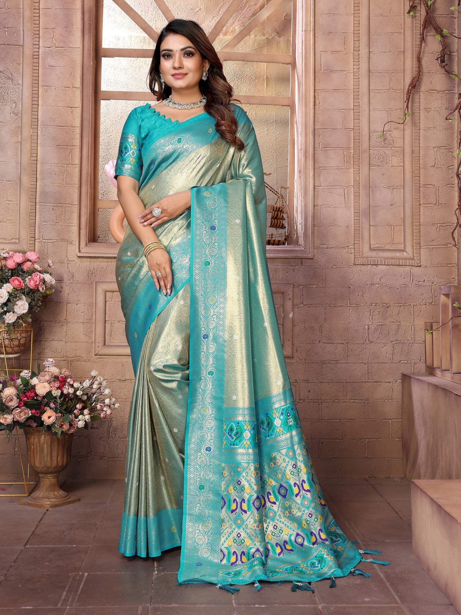 Vedant Vastram Tissue Silk Paithani Silk Saree - Rama | Grocsy