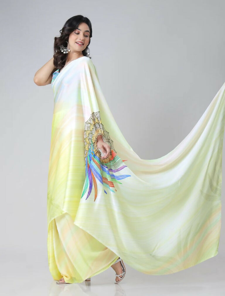 Vastranavya Ombre Yellow Multi-Color Leaves Mandalaa Print Freehand Ready to Wear Saree | Grocsy