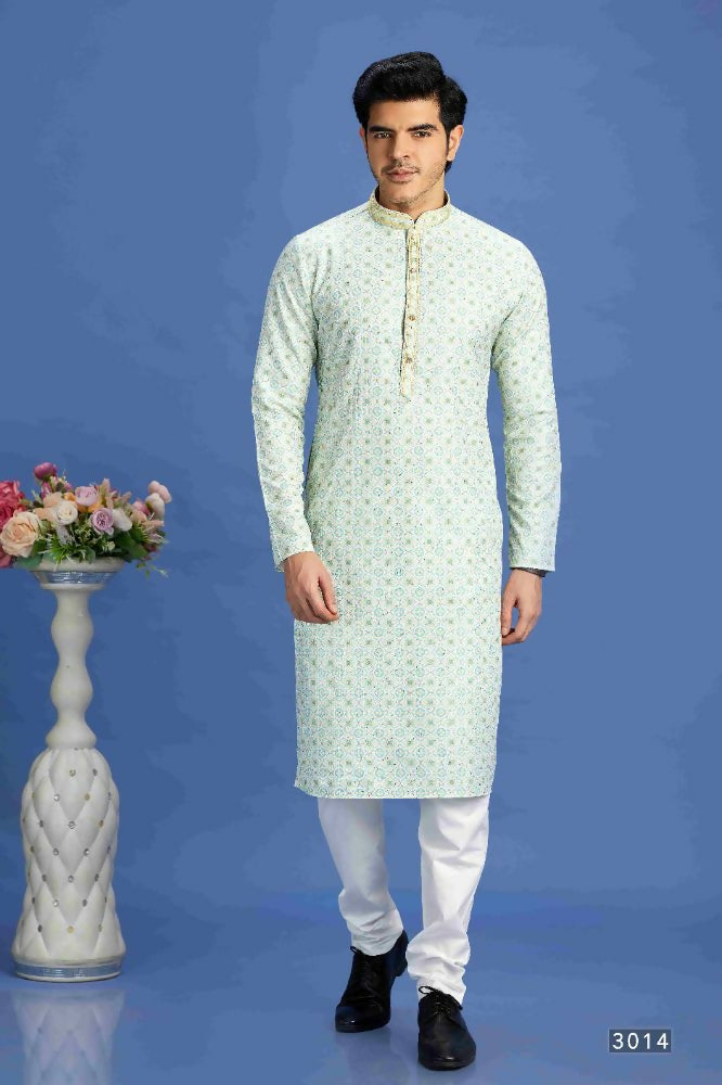 Raivat Ethnic Cotton Embroidery Kurta Pajama In Sea Green Colour | Grocsy