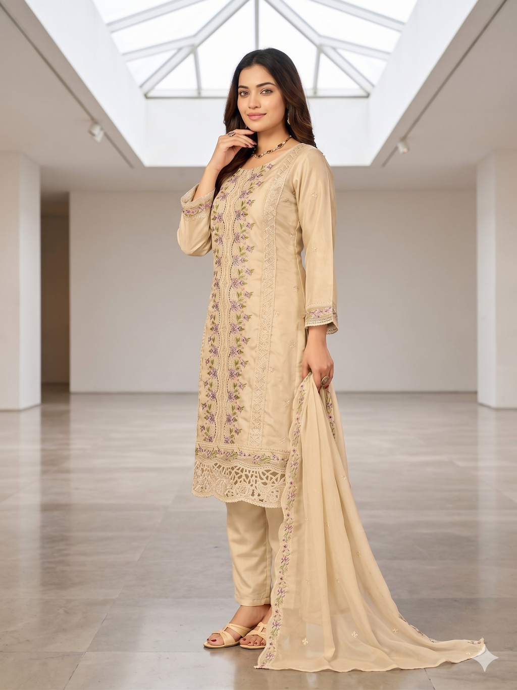 Teeya Creation Womens New Trendy Silk With Heavy Embroiedery With Sequence Work Beige Kurta Set | Grocsy