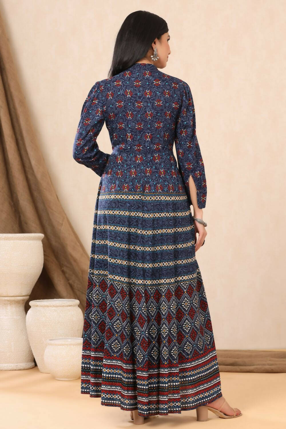 Juniper Womens Indigo Rayon Multicolor Printed Maxi Dress With Yoke Mirror Embroidery | Grocsy