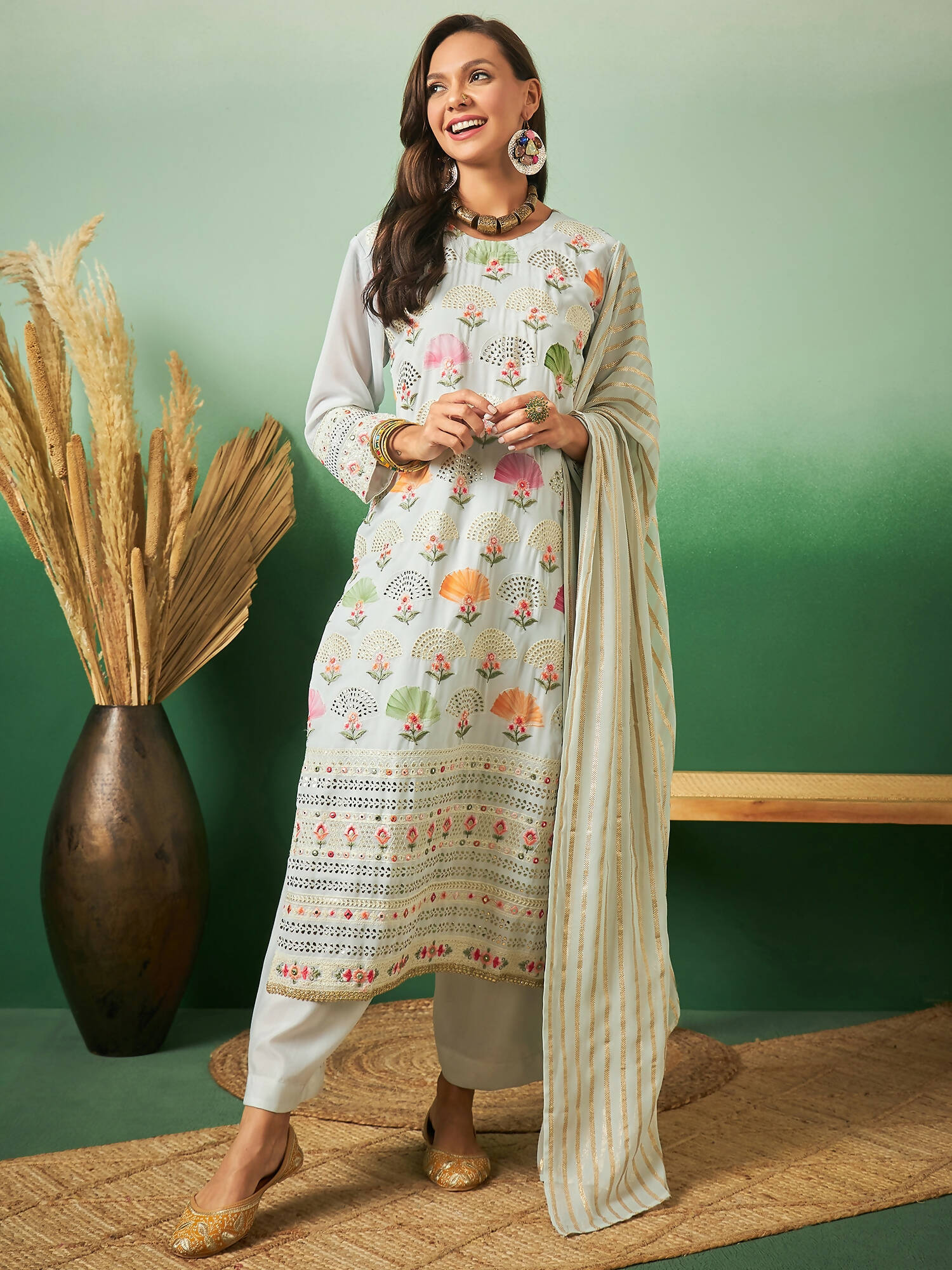 Light Blue Georgette Handwork Unstitched Dress Material - Hanika | Grocsy