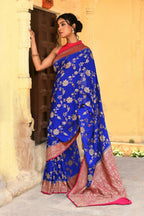 Joban Fashion Ink Blue Crepe Chiffon Pure Handloom Banarasi Silk Saree | Grocsy