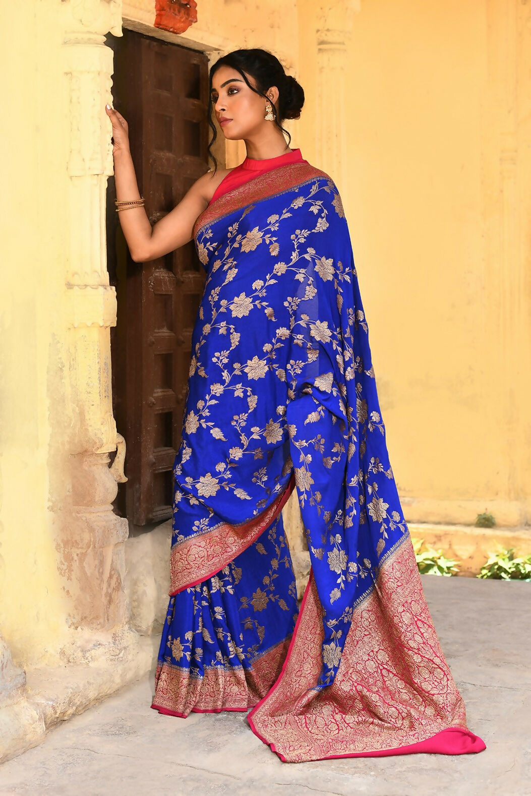 Joban Fashion Ink Blue Crepe Chiffon Pure Handloom Banarasi Silk Saree | Grocsy