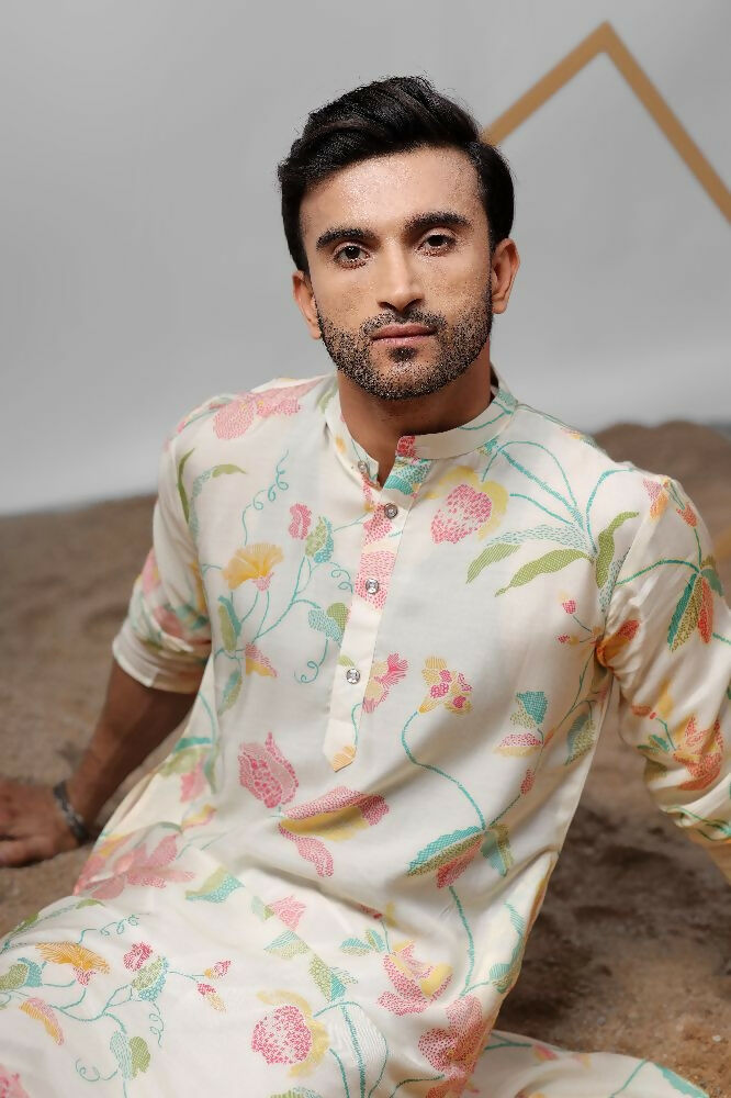 White Muslin Designer Printed Kurta Set - Mahotsav | Grocsy