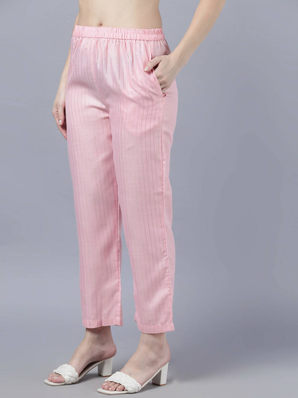 Myshka Women Pink Panelled Pure Cotton Kurta with Trousers With Dupatta Set | Grocsy